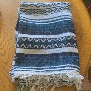 Handwoven Blue & White Striped Baja-Style Throw Blanket - Brand Unspecified